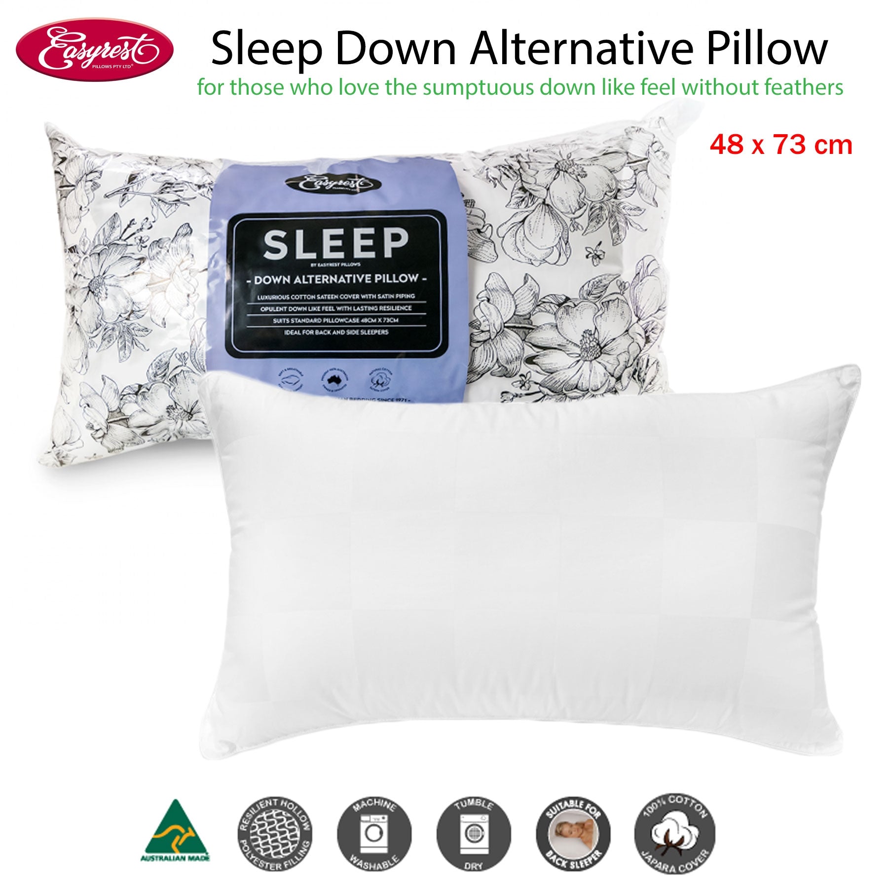 Easyrest Sleep Down Alternative Standard Pillow 48 x 73 cm, Cotton Sateen, Back Sleeper - SuperSaverAU - view 2