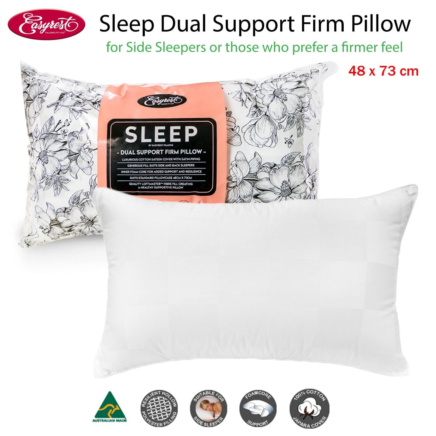 Easyrest Sleep Dual Support Firm Pillow 48 x 73 cm for Side Sleepers, Cotton Sateen