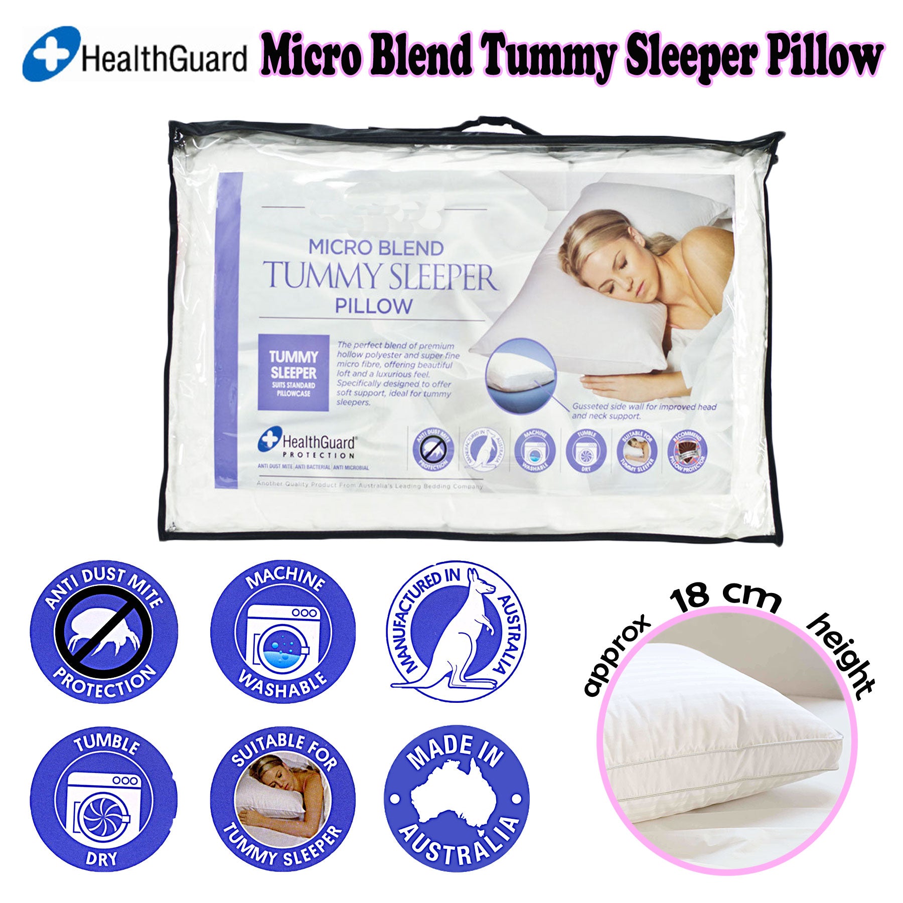 Easyrest Micro Blend Tummy Sleeper Pillow - 66cm x 41cm, Cotton Sateen, Anti Dust Mite - SuperSaverAU - view 2
