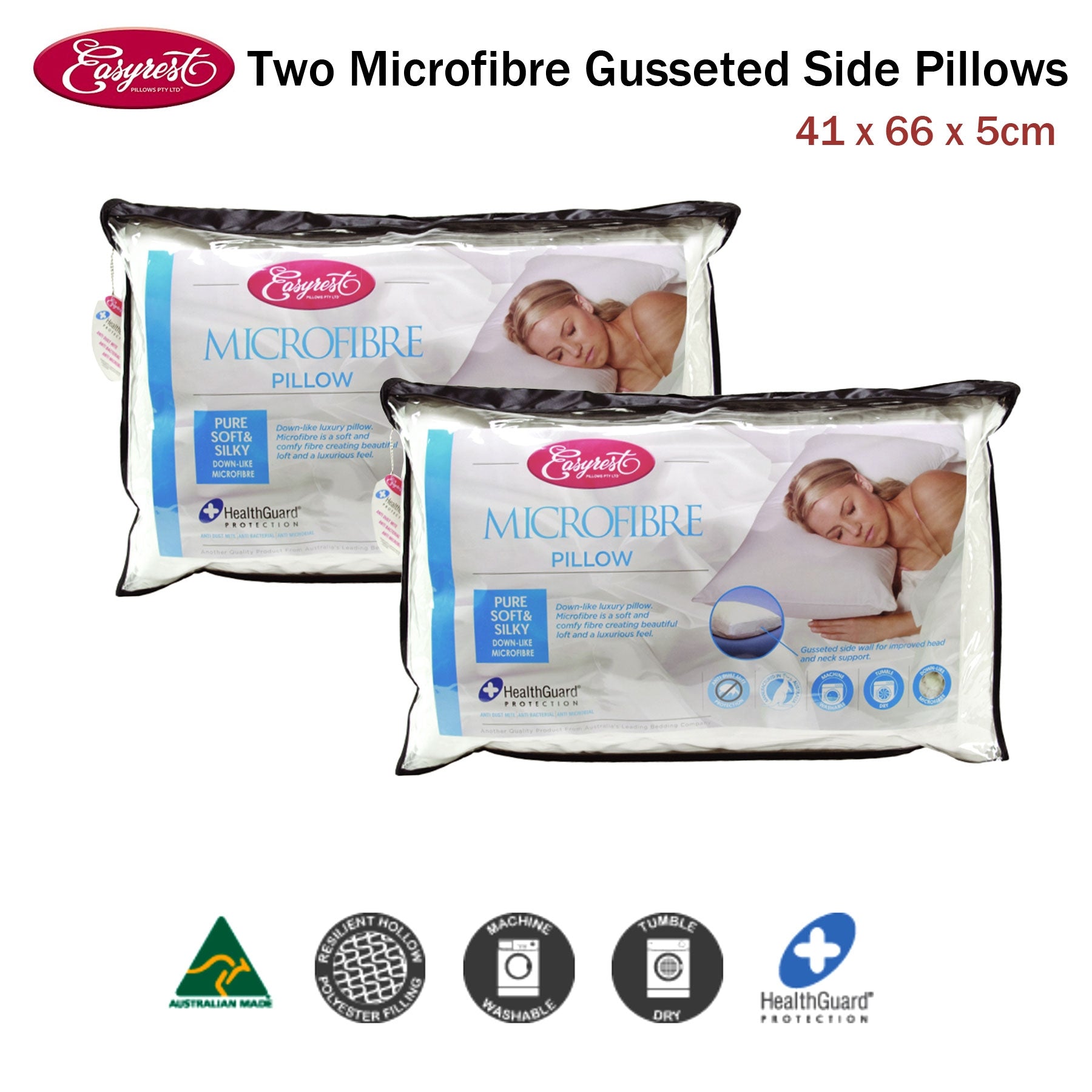 Easyrest Two Microfibre Standard Gusseted Pillows - 41x66cm, Healthguard Treated - SuperSaverAU - view 1