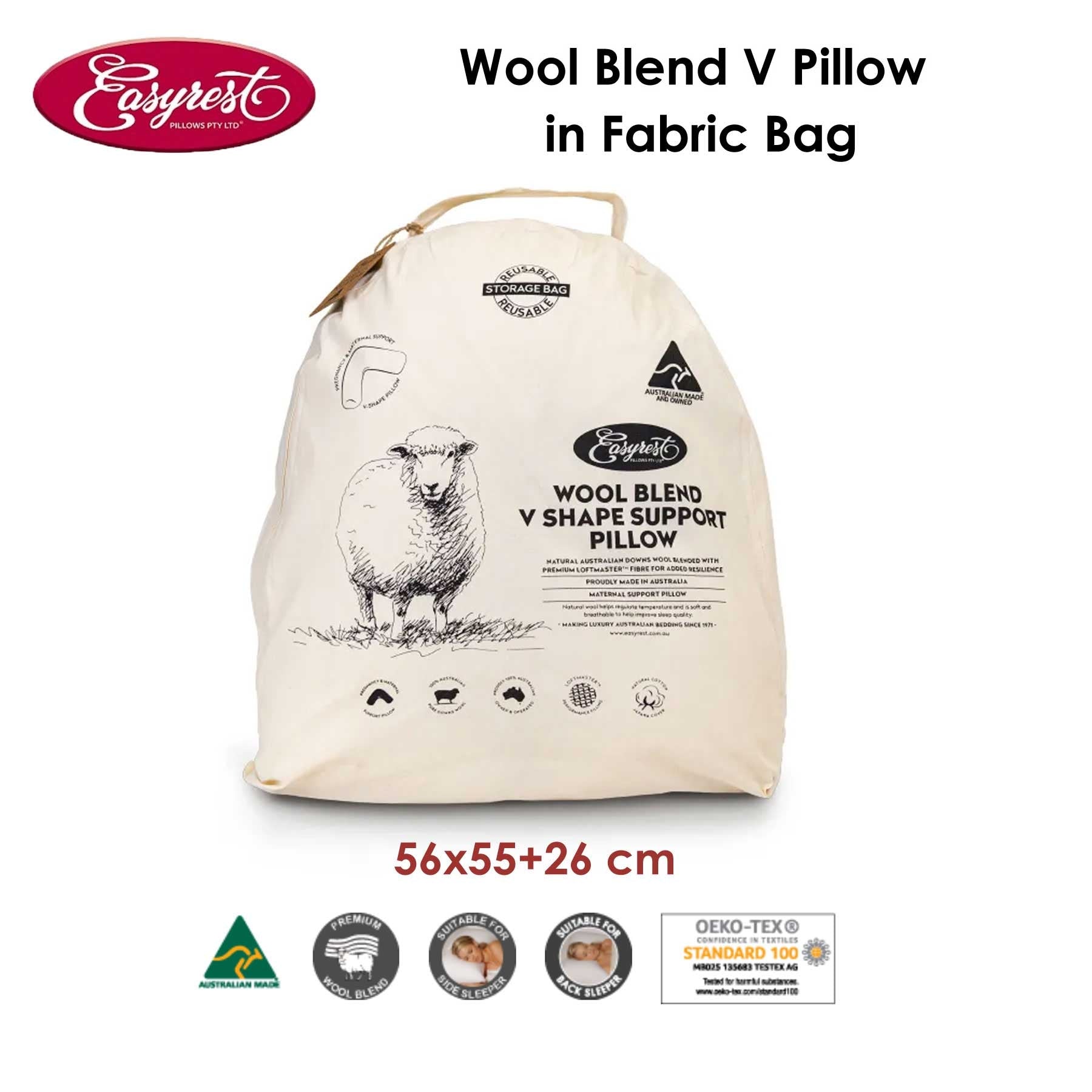 Easyrest Wool Blend V Pillow 56 x 55 + 26 cm - Australian Made, Cotton Cover - SuperSaverAU - view 1