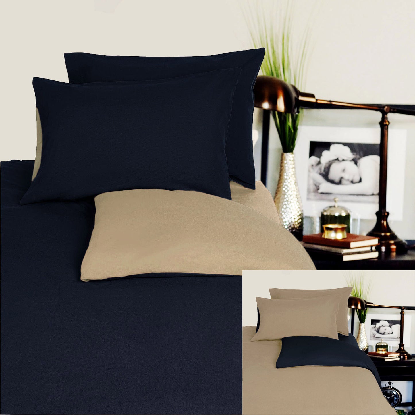Hotel Living Reversible 100% Cotton Jersey Quilt Cover Set Black / Latte - QUEEN