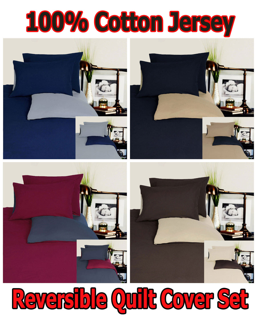 Hotel Living Reversible 100% Cotton Jersey Quilt Cover Set - Chocolate/Linen - QUEEN - SuperSaverAU - view 1