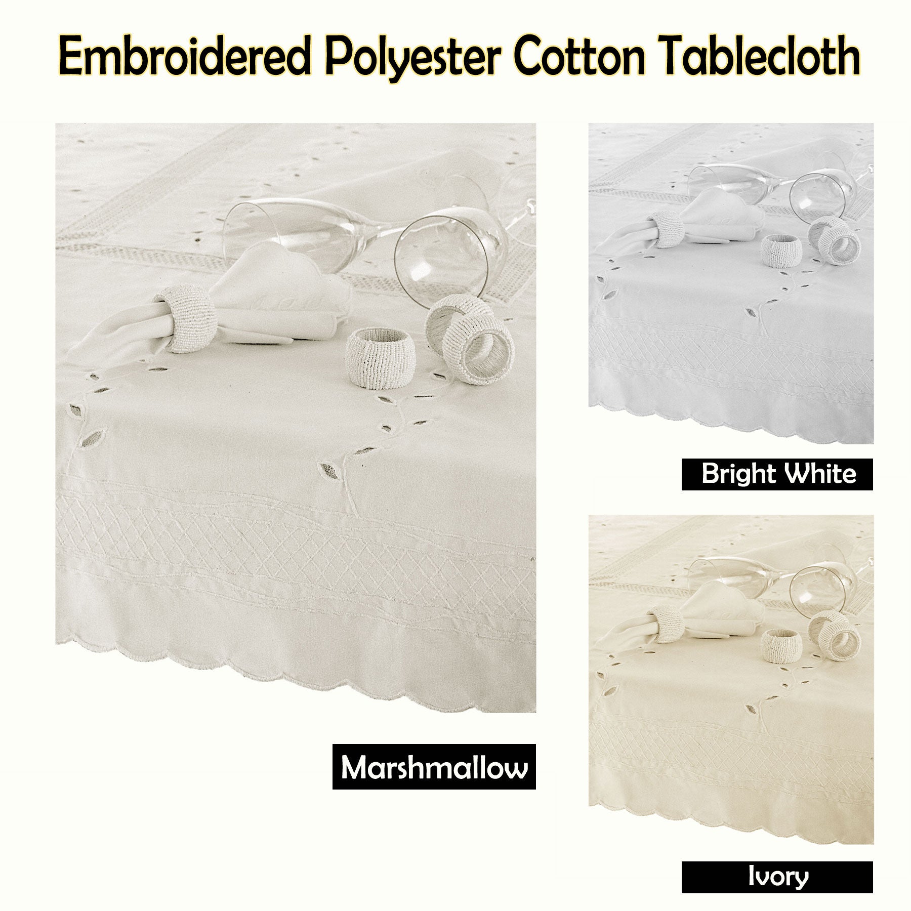 Embroidered Tablecloth 170x360cm Oblong Marshmallow with Scallop Edging - SuperSaverAU - view 2
