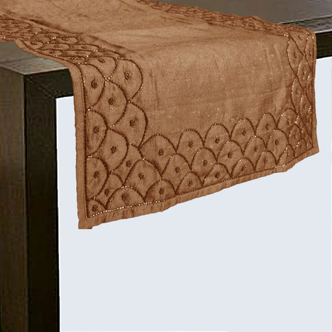 Hoydu Silk Blend Beaded Table Runner 45cm x 200cm - Champagne Beige, Scallop Design - SuperSaverAU - view 1
