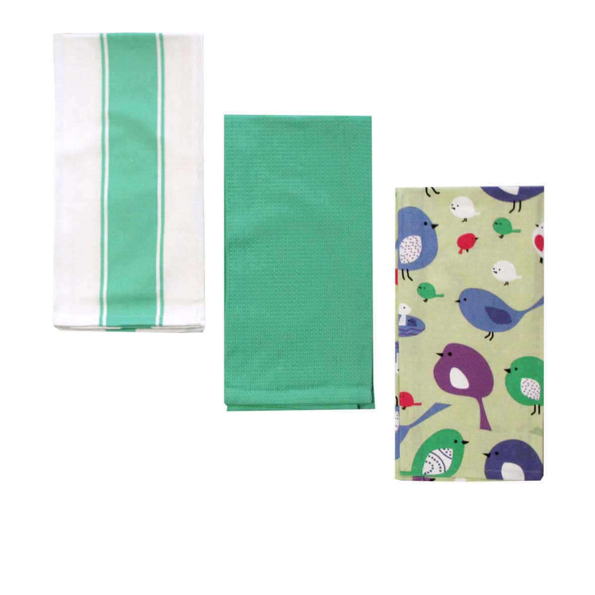 Home Oasis Printed Cotton Rich Tea Towels - Birdie Mint, 3 Pack
