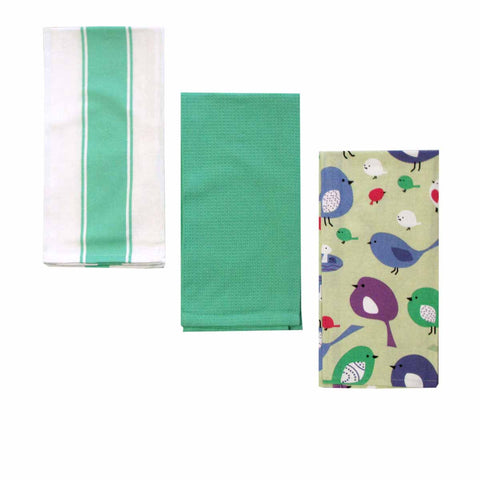 Home Oasis Printed Cotton Rich Tea Towels - Birdie Mint, 3 Pack