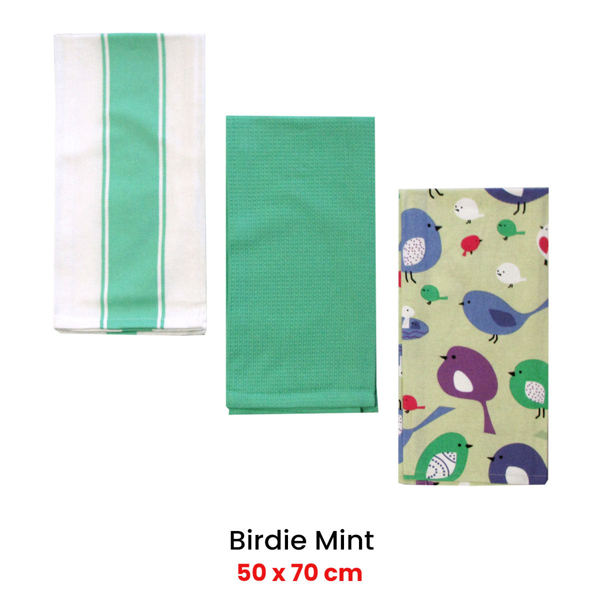 Home Oasis Printed Cotton Rich Tea Towels - Birdie Mint, 3 Pack