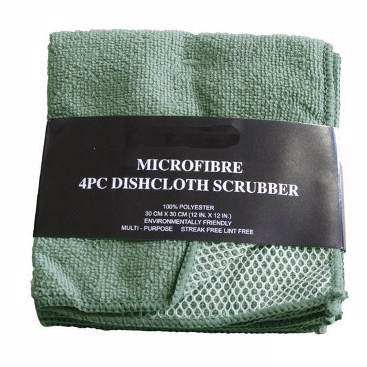 Green Microfibre Dishcloth Scrubber - Pack of 4 - 30cm x 30cm, Reusable