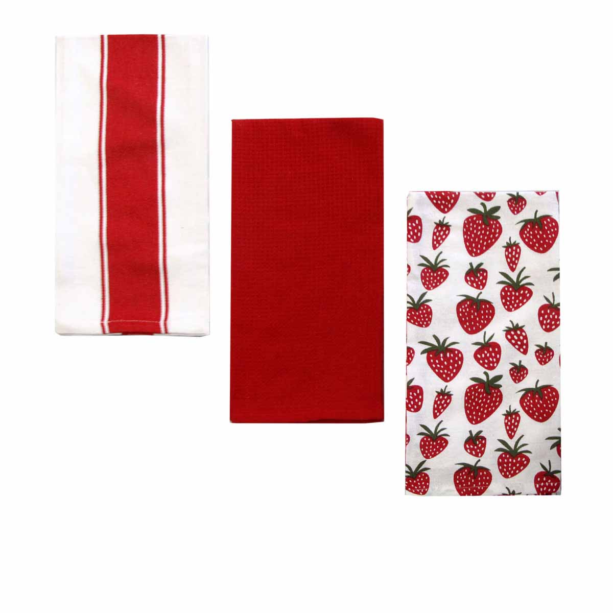 Home Oasis Printed Cotton Rich Tea Towels - Strawberry Red, 3 Pack