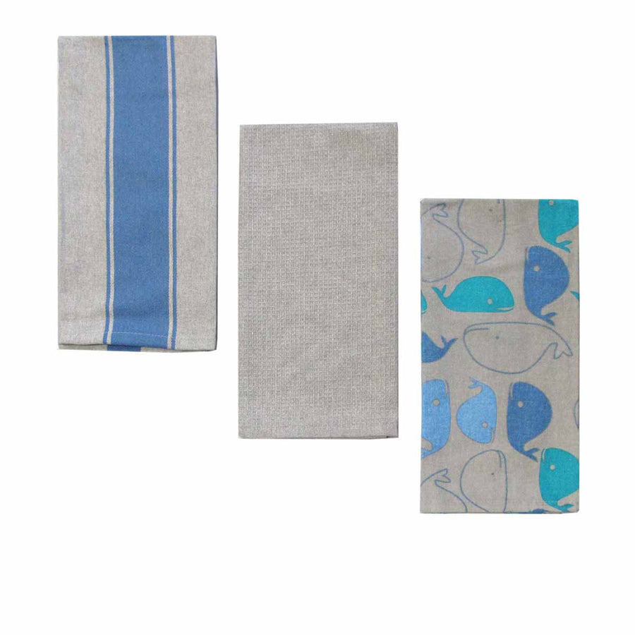 Home Oasis Printed Cotton Rich Tea Towels - Whale Grey, 3 Pack