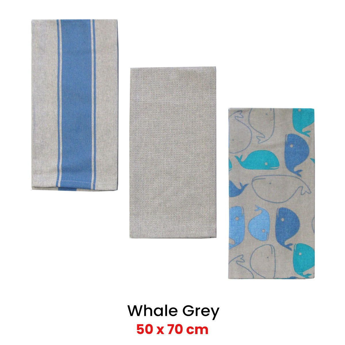 Home Oasis Printed Cotton Rich Tea Towels - Whale Grey, 3 Pack