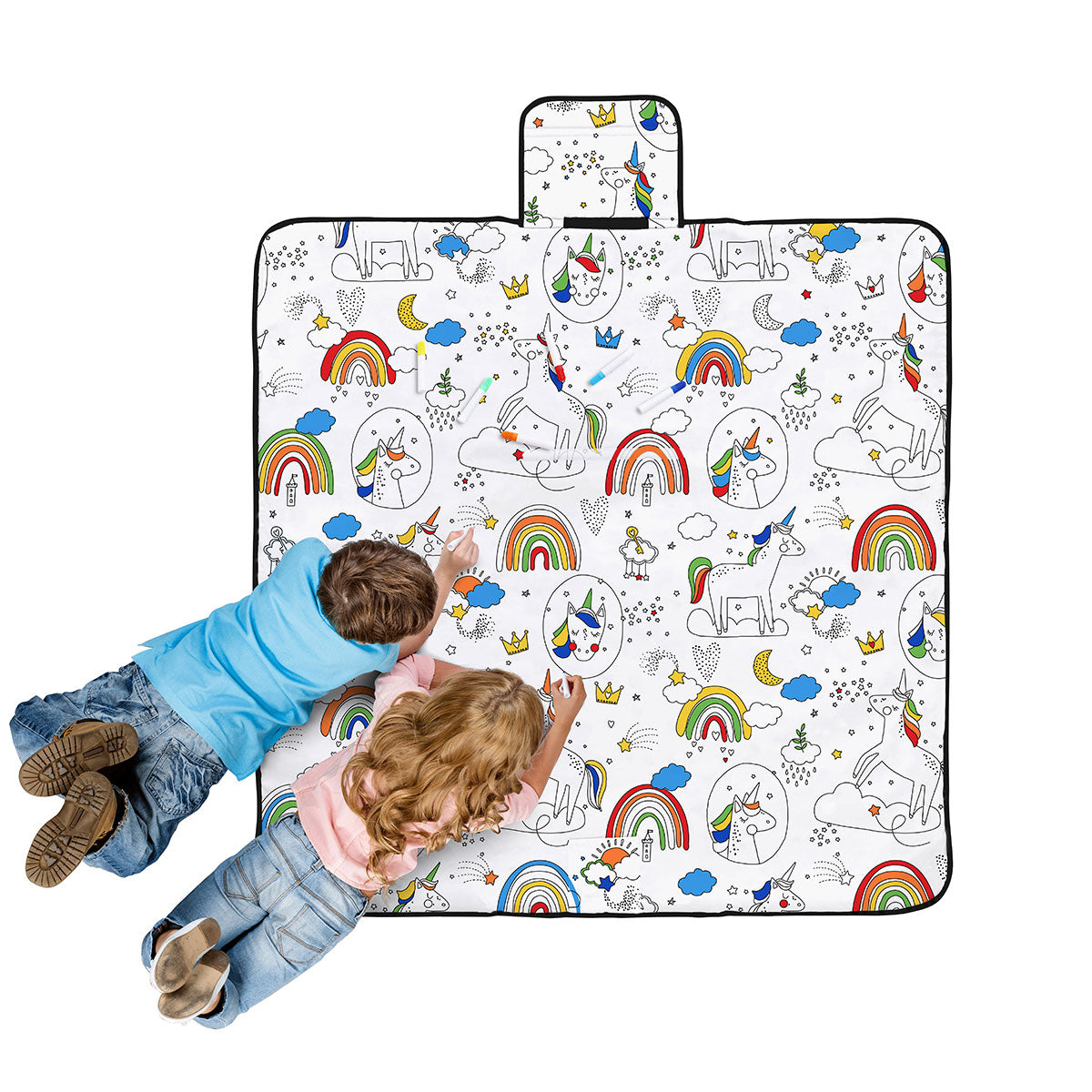 Happy Kids Dream Big Colour Me In Picnic Blanket 125 x 125 cm with Unicorn Print - SuperSaverAU - view 1