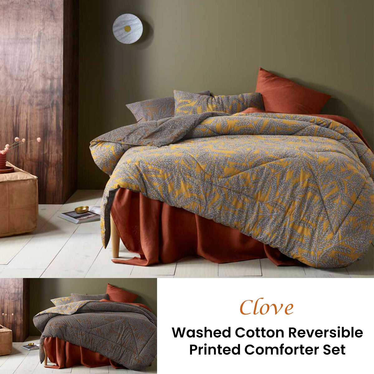 Accessorize Clove Washed Cotton Printed Reversible Comforter Set King - Foliage Print, 100% Cotton - SuperSaverAU - view 1