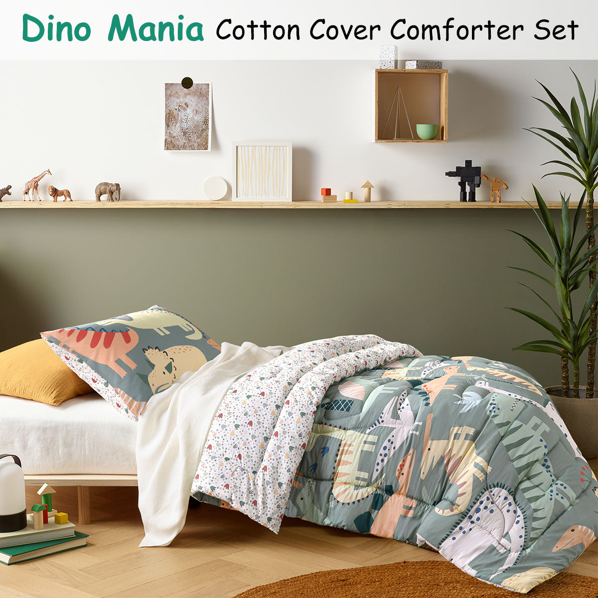 Happy Kids Dino Mania Comforter Set with Cotton Cover - Green, Single
