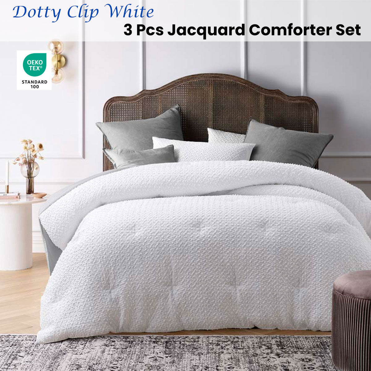Accessorize Dotty Clip White 3 Piece Jacquard Comforter Set Queen - Clipped Dot Design - SuperSaverAU - view 1