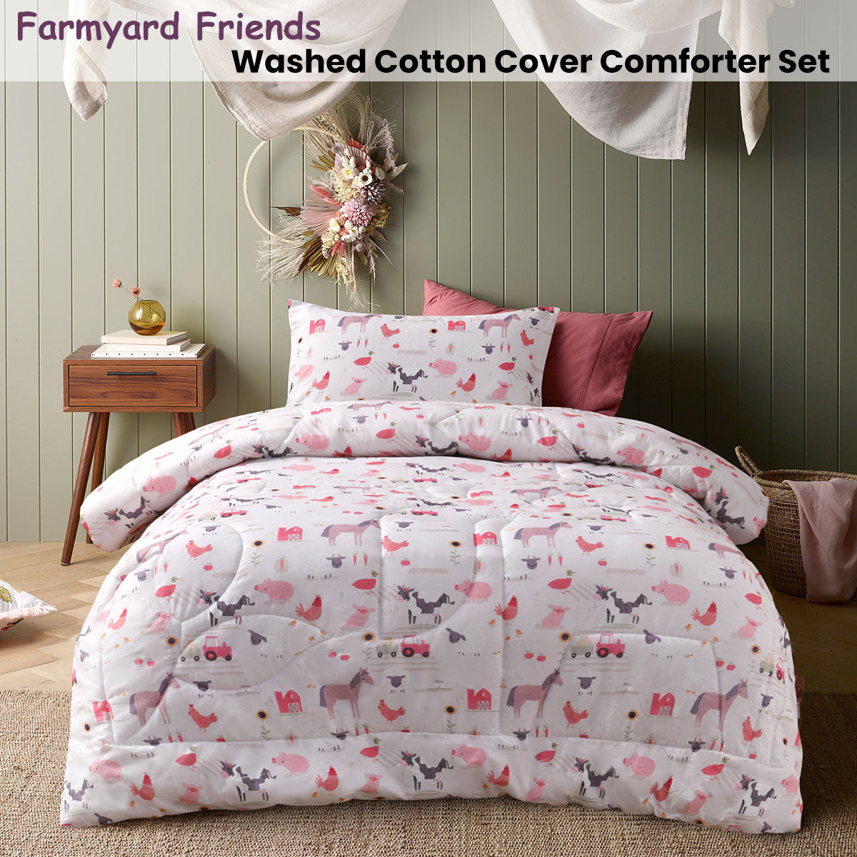 Happy Kids Farmyard Friends 2 Piece Washed Cotton Comforter Set Single