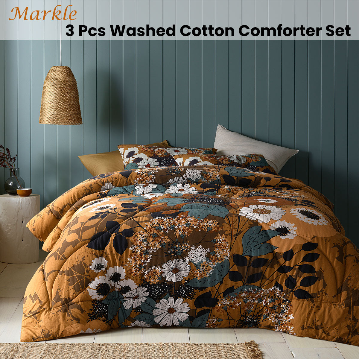 Accessorize Markle Washed Cotton Printed 3 Piece Comforter Set Queen - Floral Design - SuperSaverAU - view 1