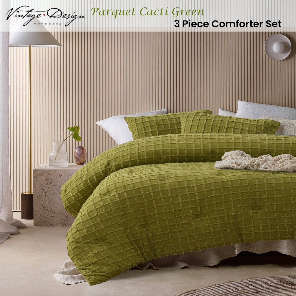 Vintage Design Homewares Cacti Green Comforter Set, King, Chenille Grid Pattern - SuperSaverAU - view 2