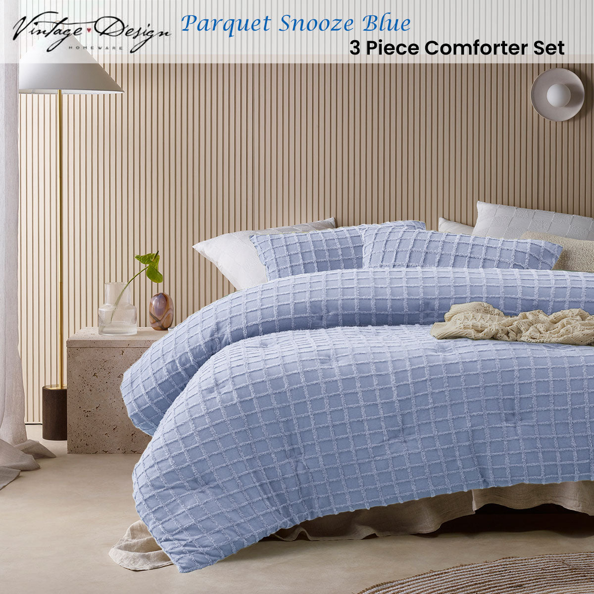 Vintage Design Homewares 3 Pcs Parquet Snooze Blue Comforter Set King - Grid Pattern - SuperSaverAU - view 2