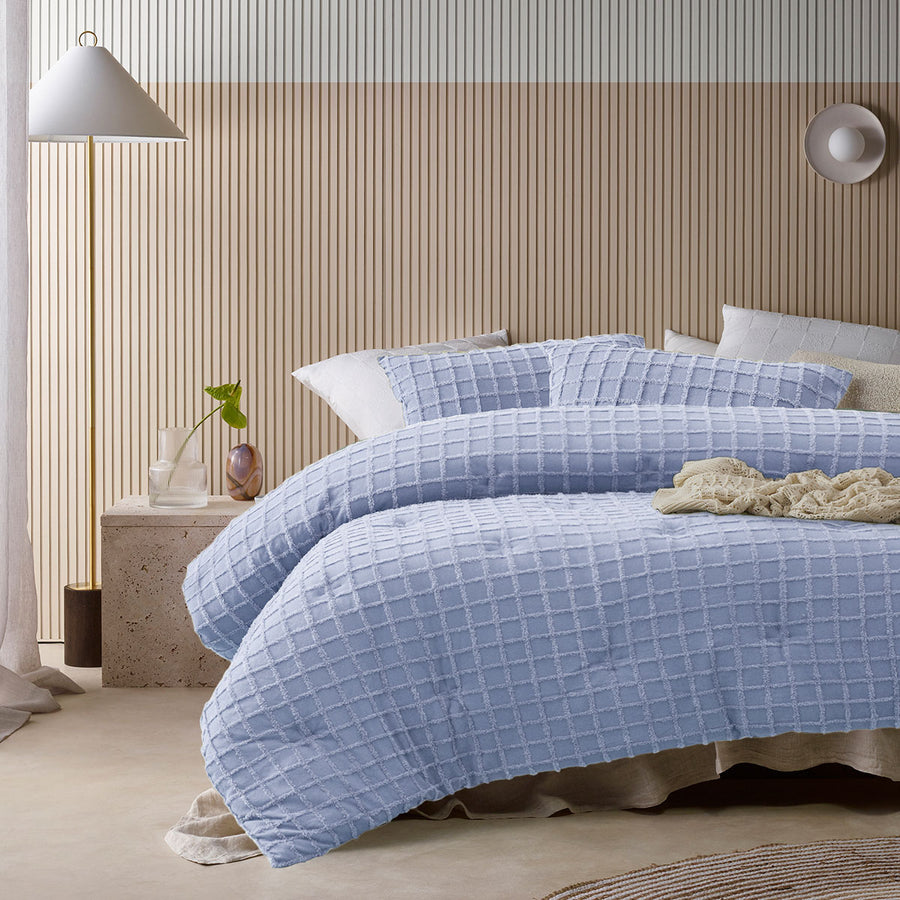 Vintage Design Homewares 3 Pcs Parquet Snooze Blue Comforter Set Queen - Chenille Grid Pattern - SuperSaverAU - view 1