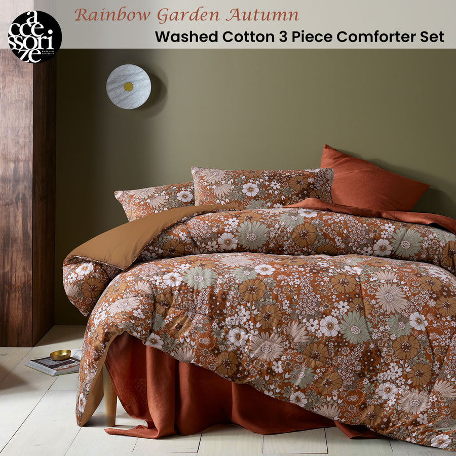 Accessorize 3 Pcs Rainbow Garden Autumn Washed Cotton Comforter Set King - SuperSaverAU - view 1