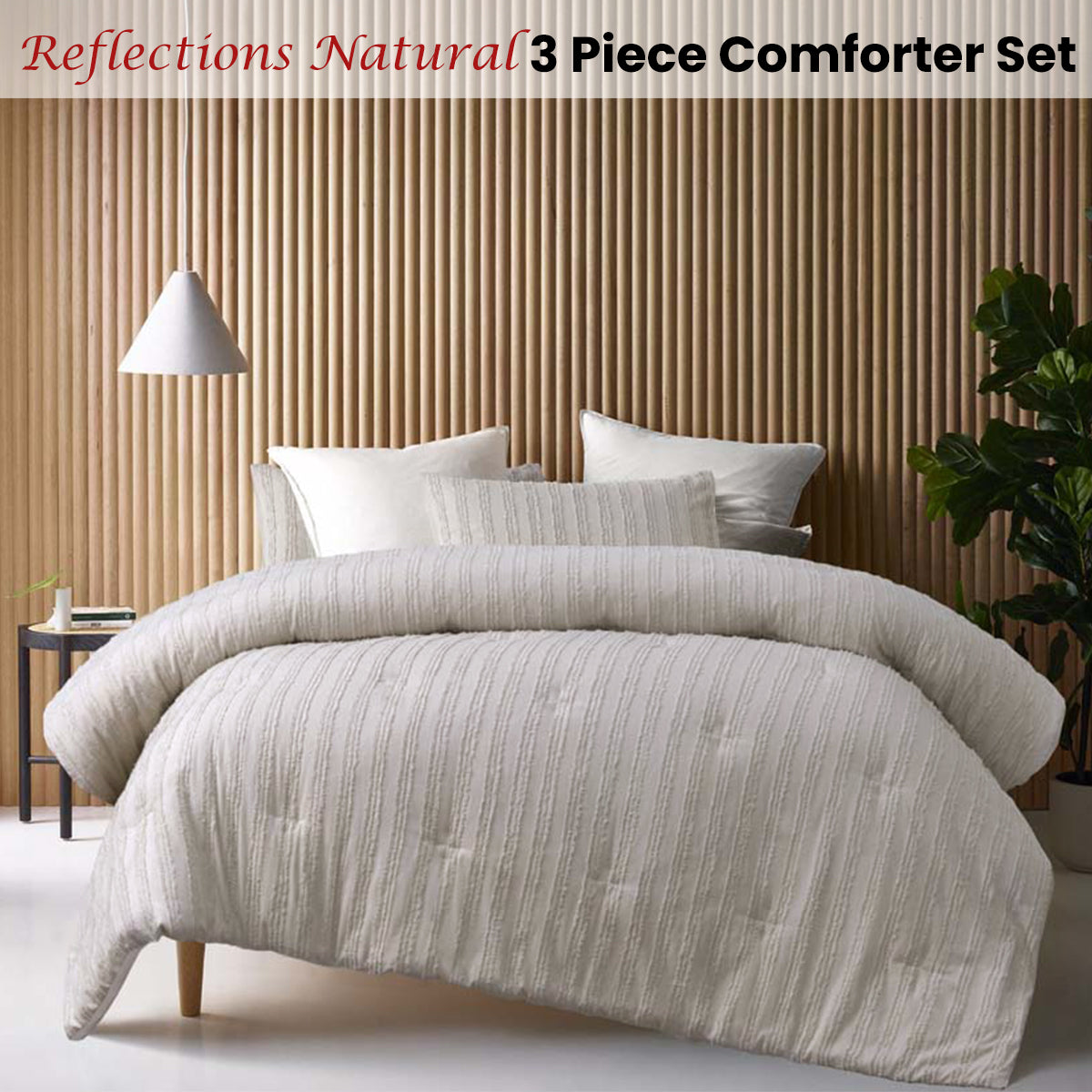 Vintage Design Homewares Reflections Natural 3 Piece Comforter Set Queen - Chenille Stripes - SuperSaverAU - view 1