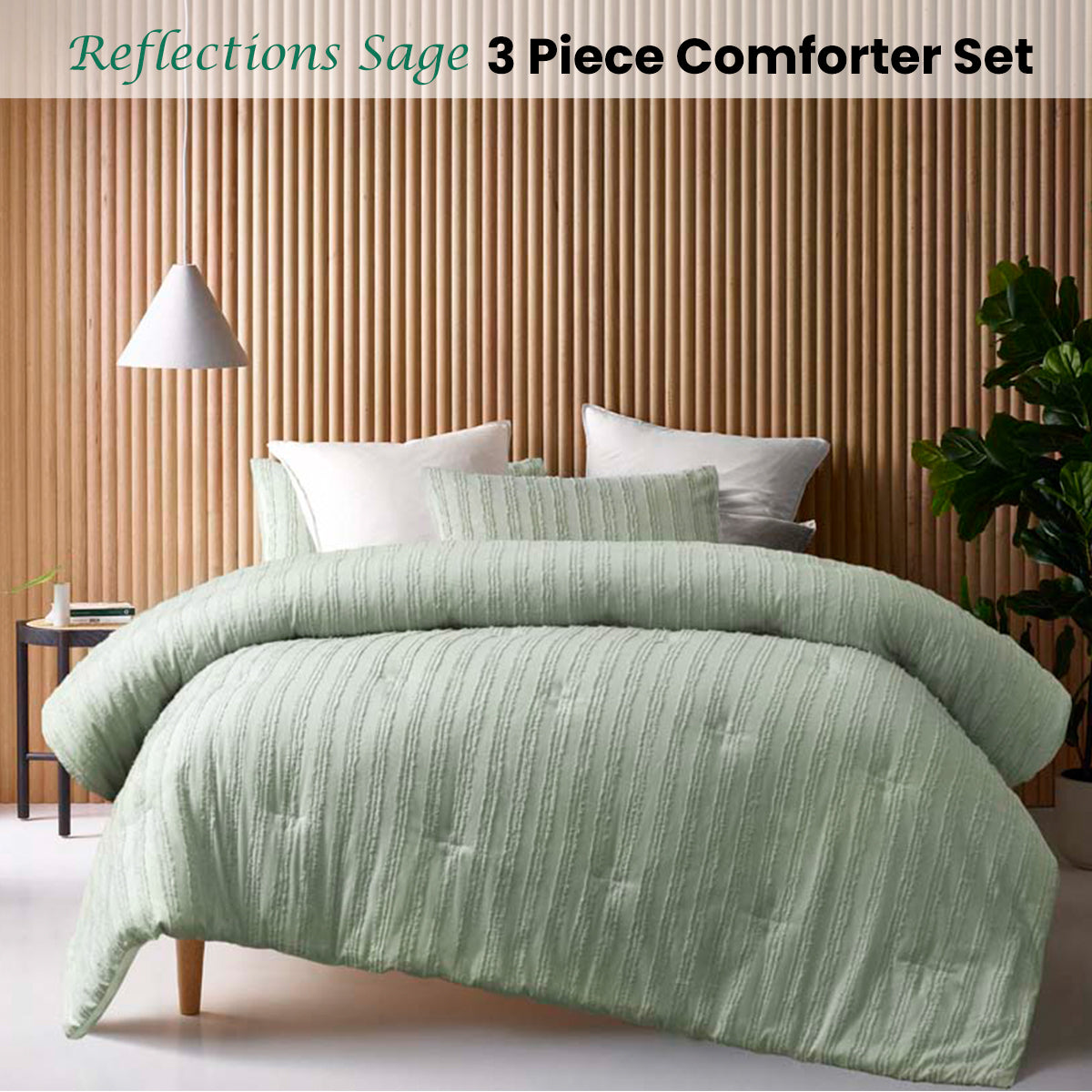 Vintage Design Homewares Reflections Sage 3 Piece Comforter Set Queen - Chenille Stripes - SuperSaverAU - view 2