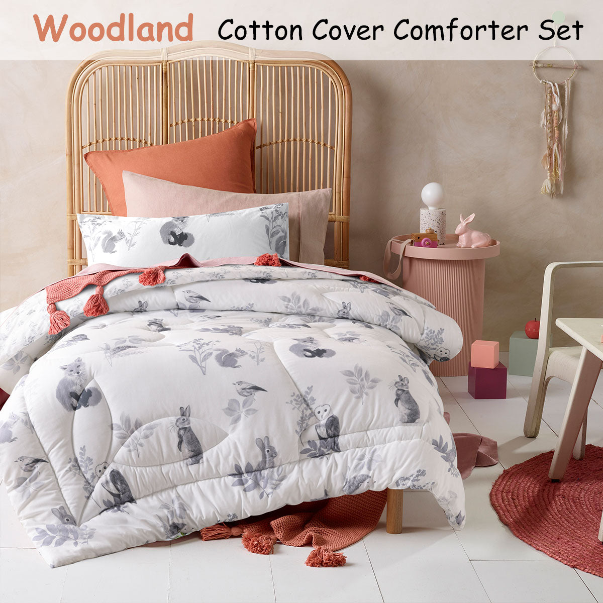 Happy Kids Woodland Comforter Set with Cotton Cover - White, Single