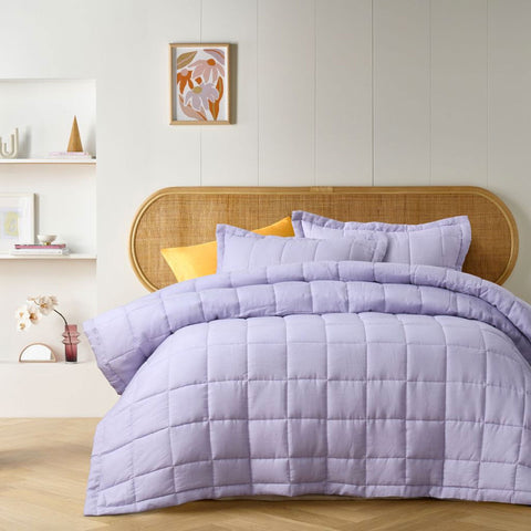 Vintage Design Homewares Lilac French Linen Coverlet Set King - Quilted Squares Design - SuperSaverAU - view 1