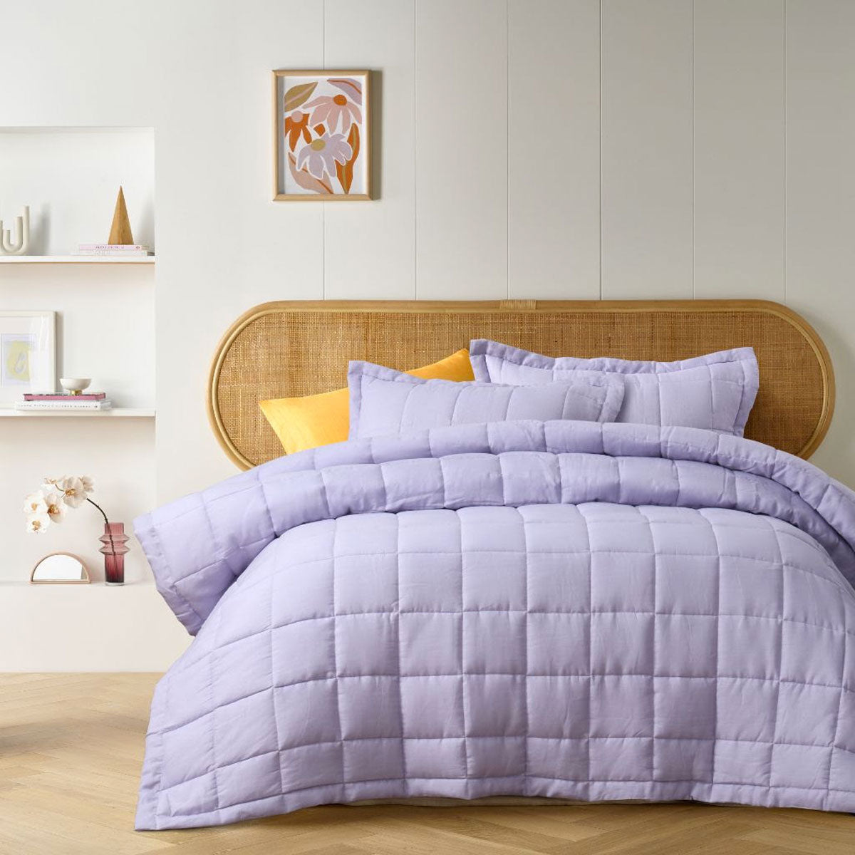 Vintage Design Homewares Lilac French Linen Coverlet Set Queen - Quilted Squares Design - SuperSaverAU - view 1