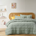 Vintage Design Homewares Sage French Linen Coverlet Set Queen - Quilted Squares Design - SuperSaverAU - view 1