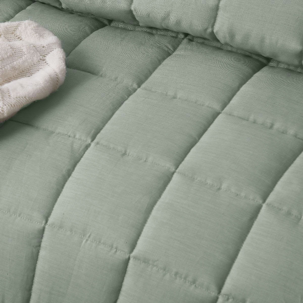 Vintage Design Homewares Sage French Linen Coverlet Set Queen - Quilted Squares Design - SuperSaverAU - view 2