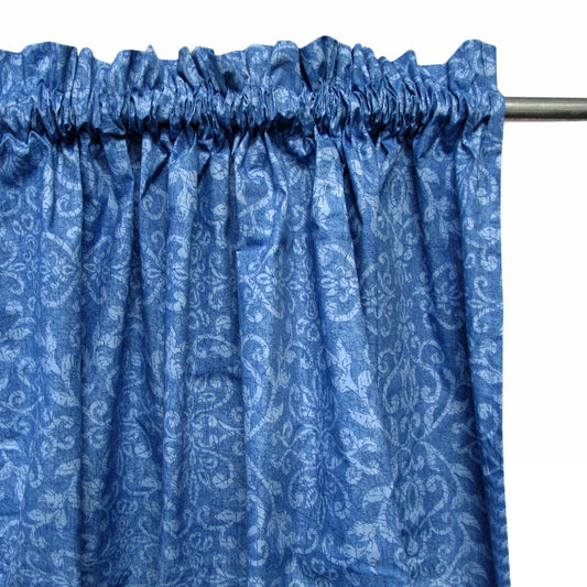 Blue Damask Rod Pocket Curtains - 2 x 110 x 213 cm, Polyester Cotton, Unlined