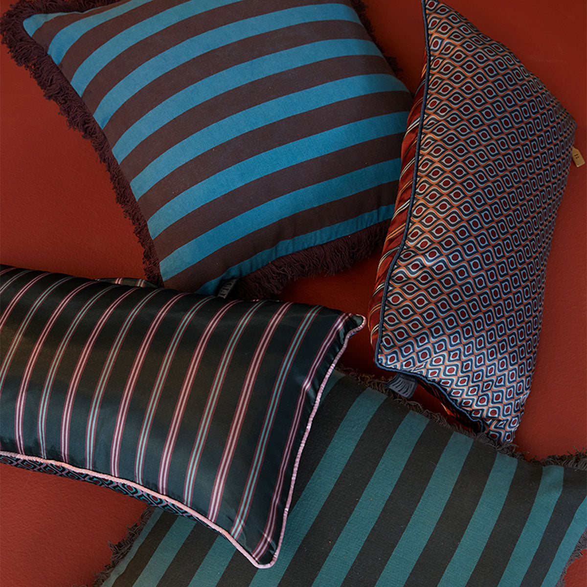 KAAT Amsterdam Viggo Stripe Fringe Filled Cushion – Green 45 x 45cm