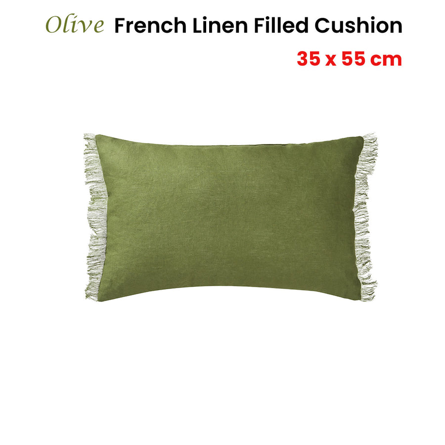 Vintage Design Homewares Olive French Linen Cushion Oblong 35cm x 55cm, Frayed Edge - SuperSaverAU - view 1
