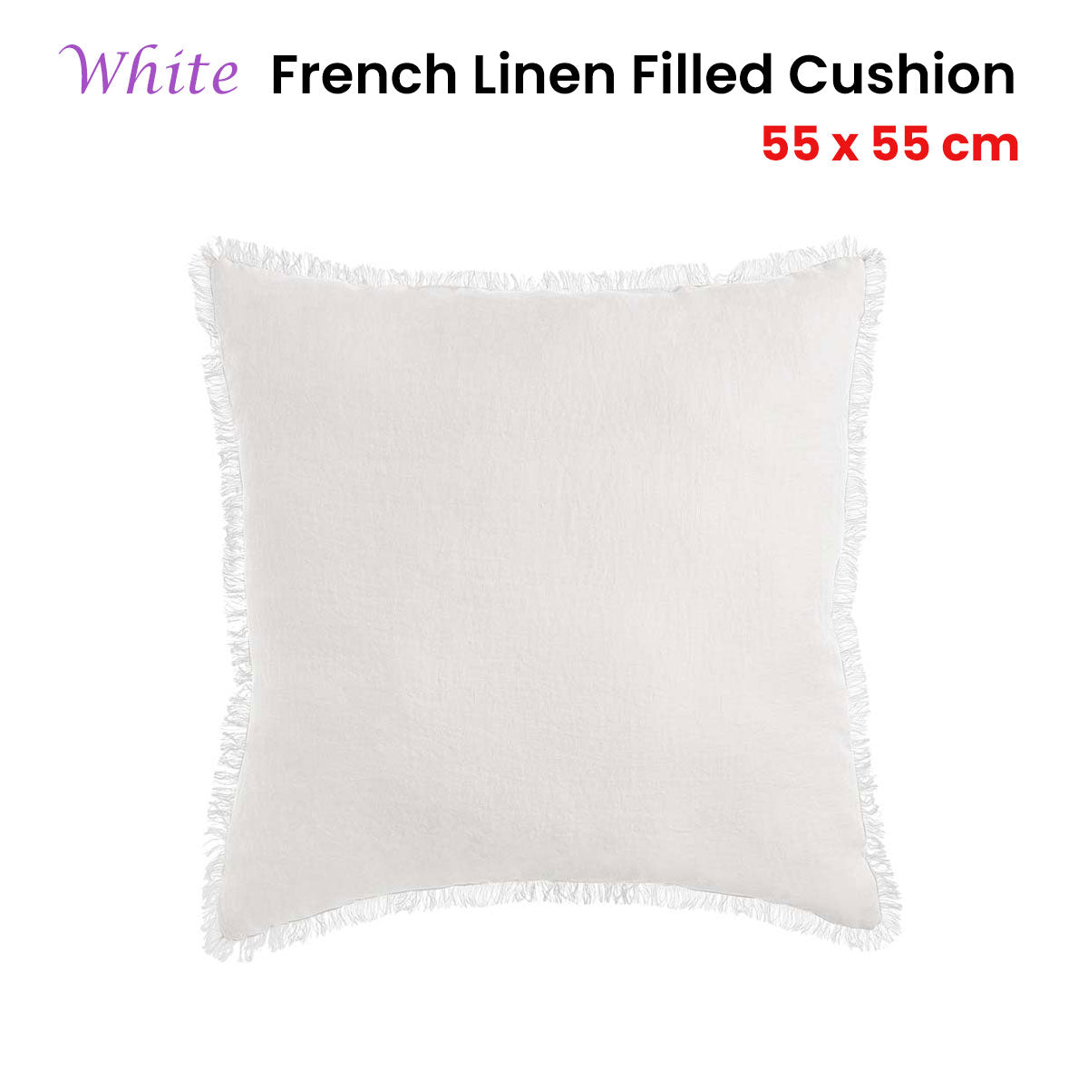 Vintage Design Homewares White French Linen Cushion 55cm x 55cm with Frayed Edge - SuperSaverAU - view 2