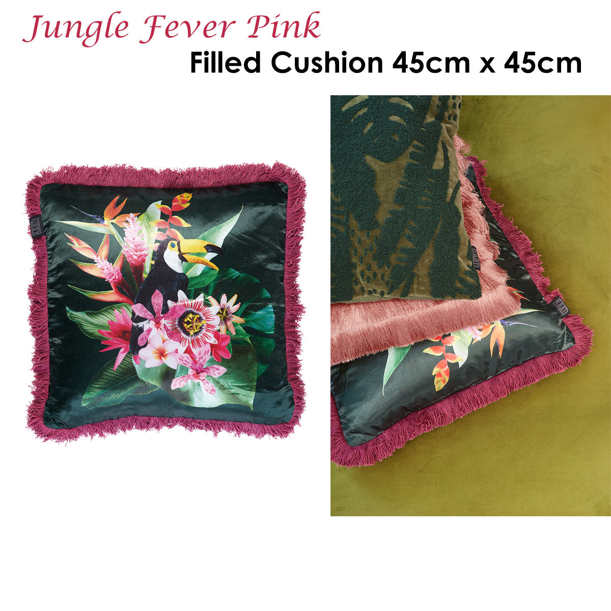 Bedding House Jungle Fever Pink Filled Cushion 45cm x 45cm - Fringe Style - SuperSaverAU - view 2