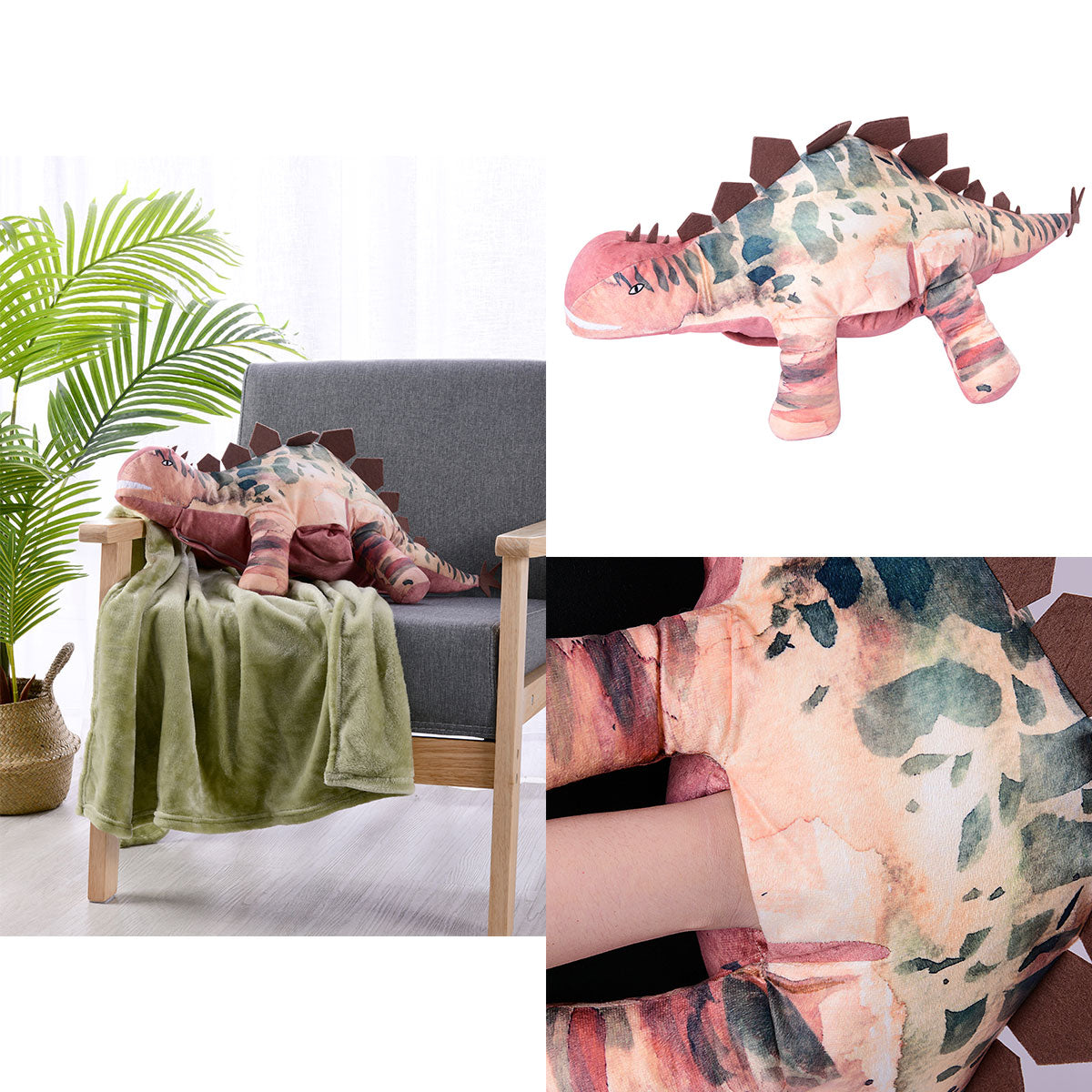 Happy Kids 2 in 1 Novelty Cushion/Throw Dino, Stegosaurus Design, 67 x 32 cm Cushion, 90 x 120 cm Throw