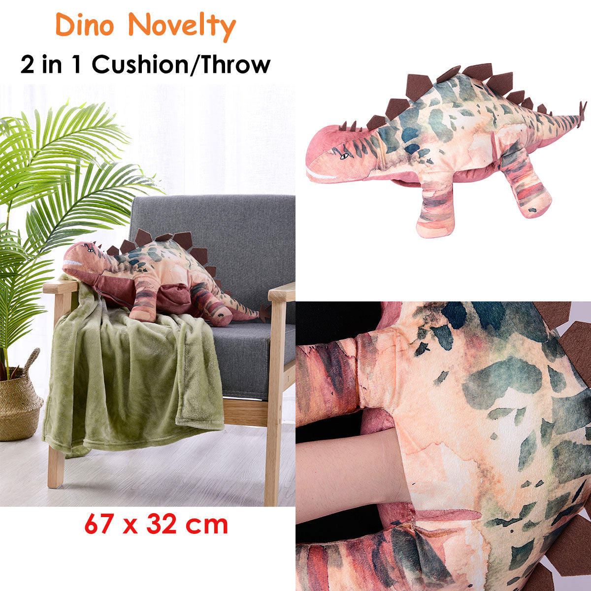 Happy Kids 2 in 1 Novelty Cushion/Throw Dino, Stegosaurus Design, 67 x 32 cm Cushion, 90 x 120 cm Throw - SuperSaverAU - view 2