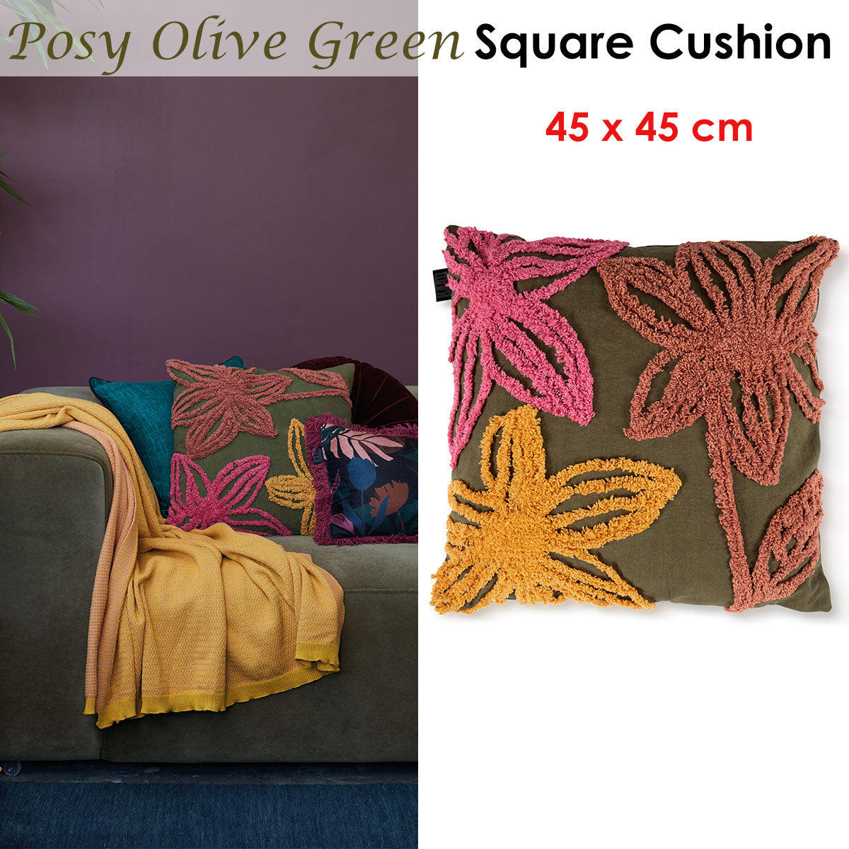 Bedding House Posy Olive Green Decorative Cushion 45x45cm Floral Pattern - SuperSaverAU - view 1