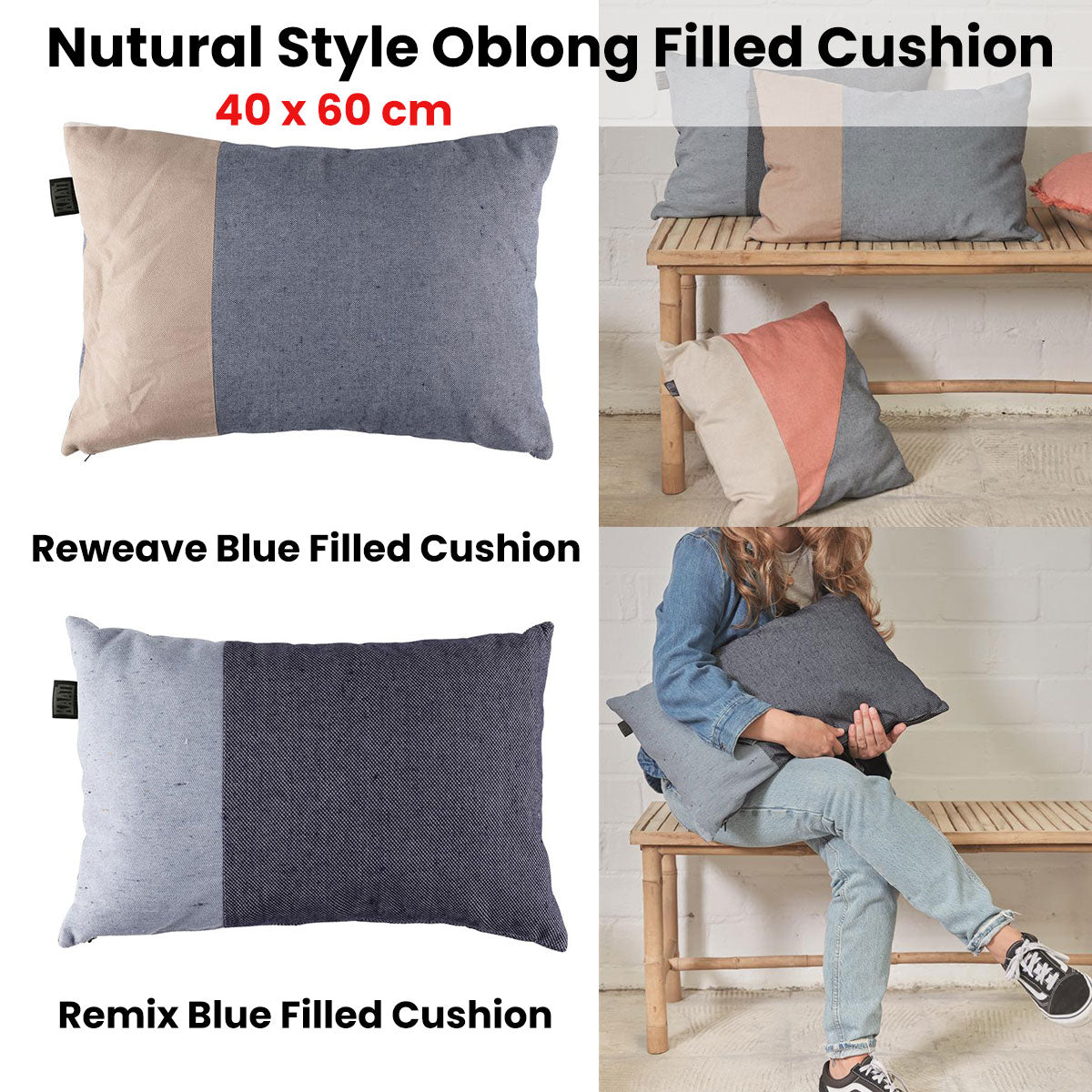 KAAT Amsterdam Remix Blue Sustainable Cushion 40 x 60cm, Recycled Materials - SuperSaverAU - view 1