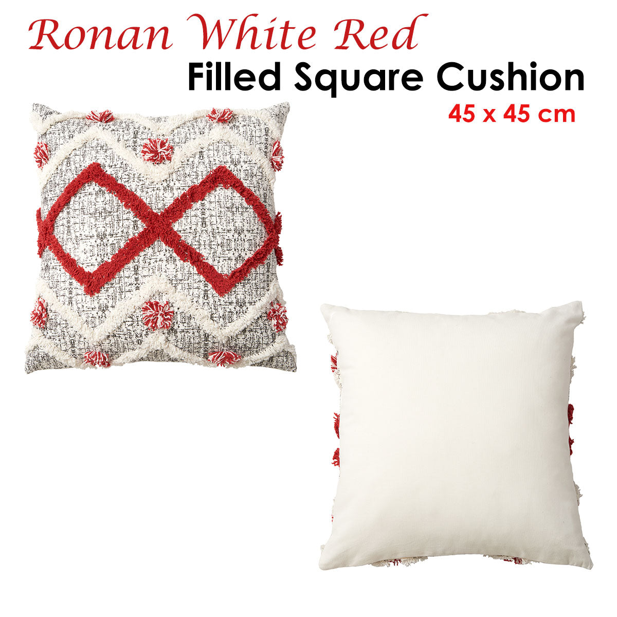 Accessorize Ronan White Red Filled Square Cushion 45x45cm with Applique Design - SuperSaverAU - view 2