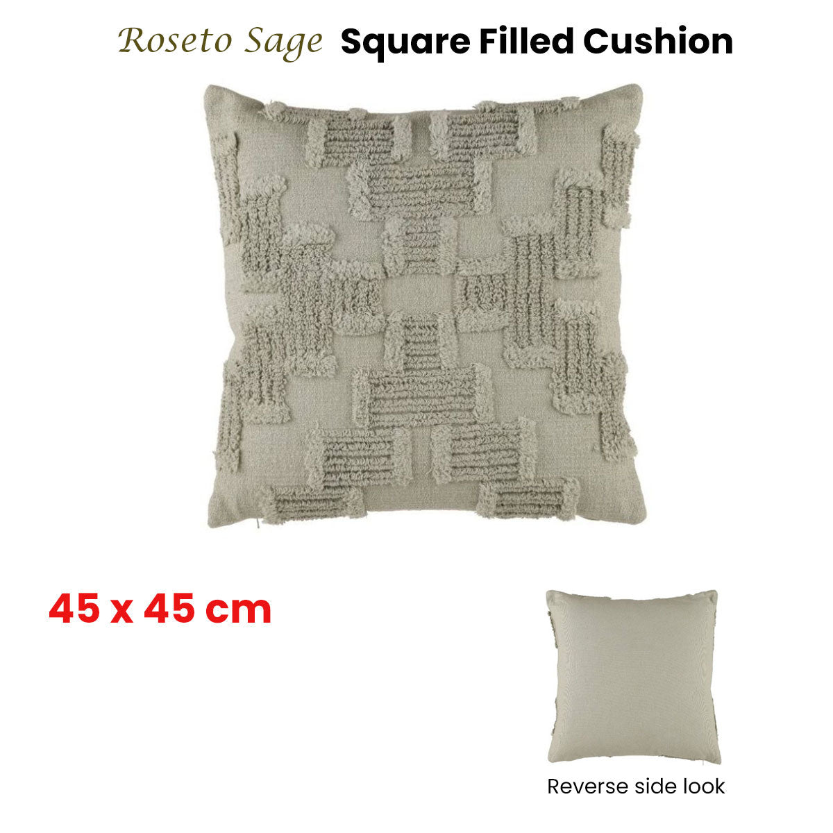 Accessorize Roseto Sage Square Cushion 45cm x 45cm - Textured Design, Polyester Fill - SuperSaverAU - view 2