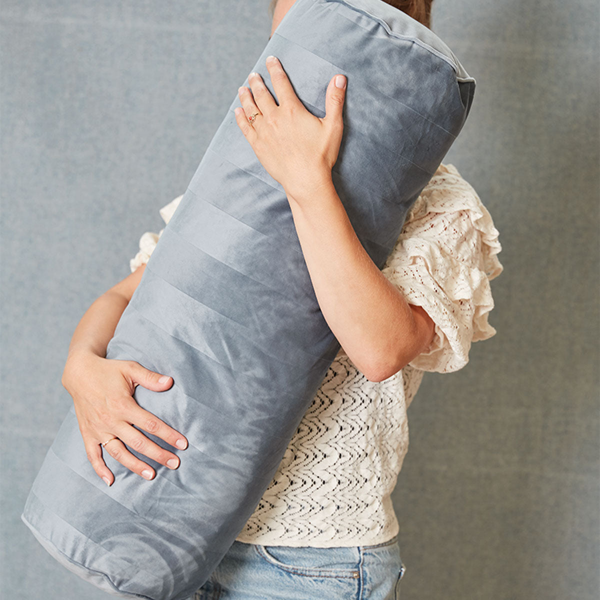 KAAT Amsterdam Softy Stripe Velvet Neckroll Cushion – Blue Grey 22 x 70cm