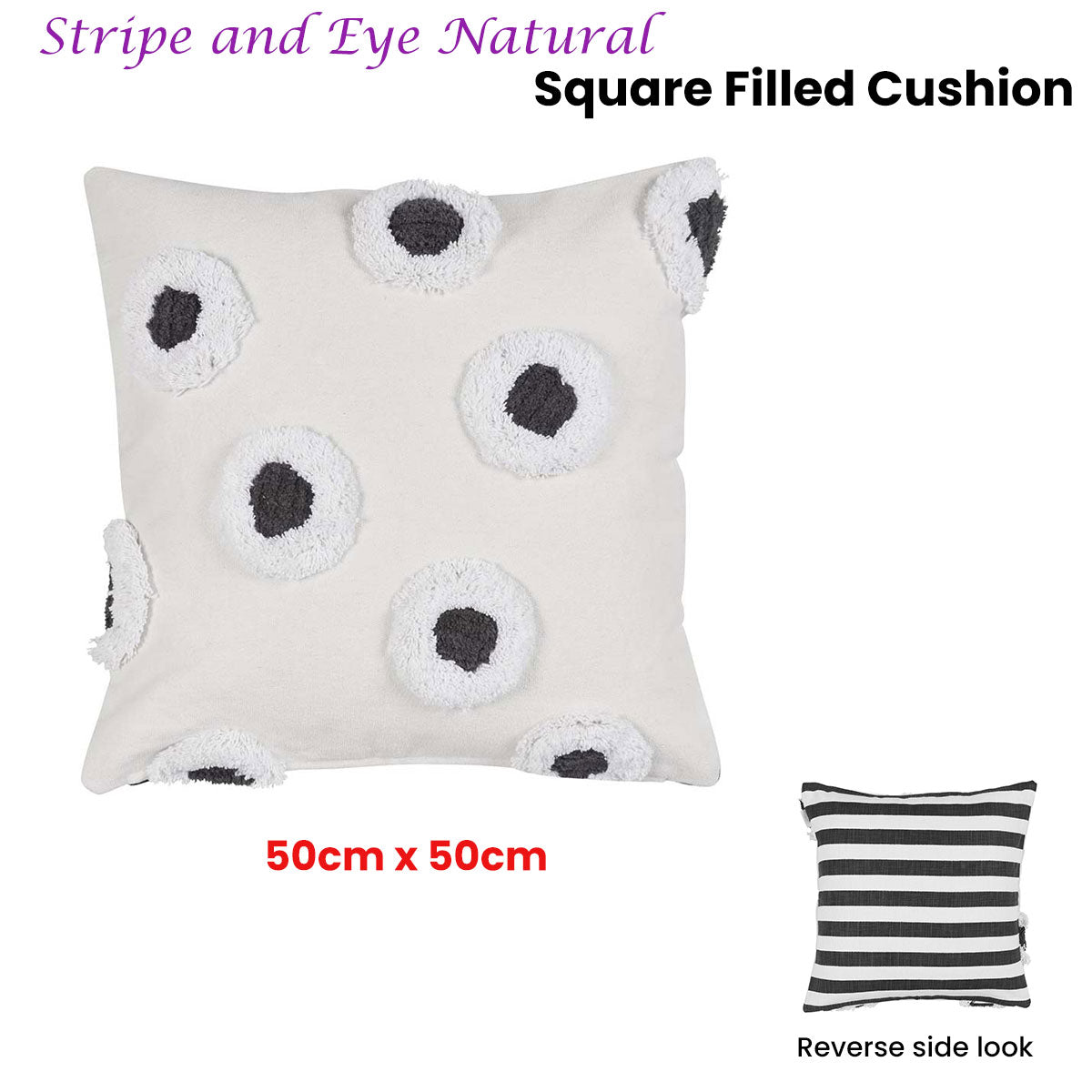 VTWonen Stripe and Eye Natural Square Cushion 50cm x 50cm - Cotton, Applique Design - SuperSaverAU - view 2