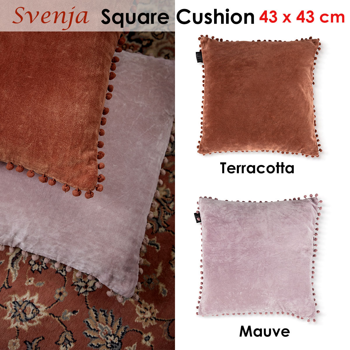 Bedding House Svenja Decorative Cushion 43x43cm Cotton Velvet with Pompoms - SuperSaverAU - view 4