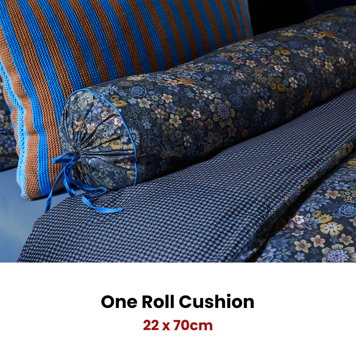 PIP Studio Tutti i Fiori Dark Blue Cotton Roll Cushion 22cm x 70cm