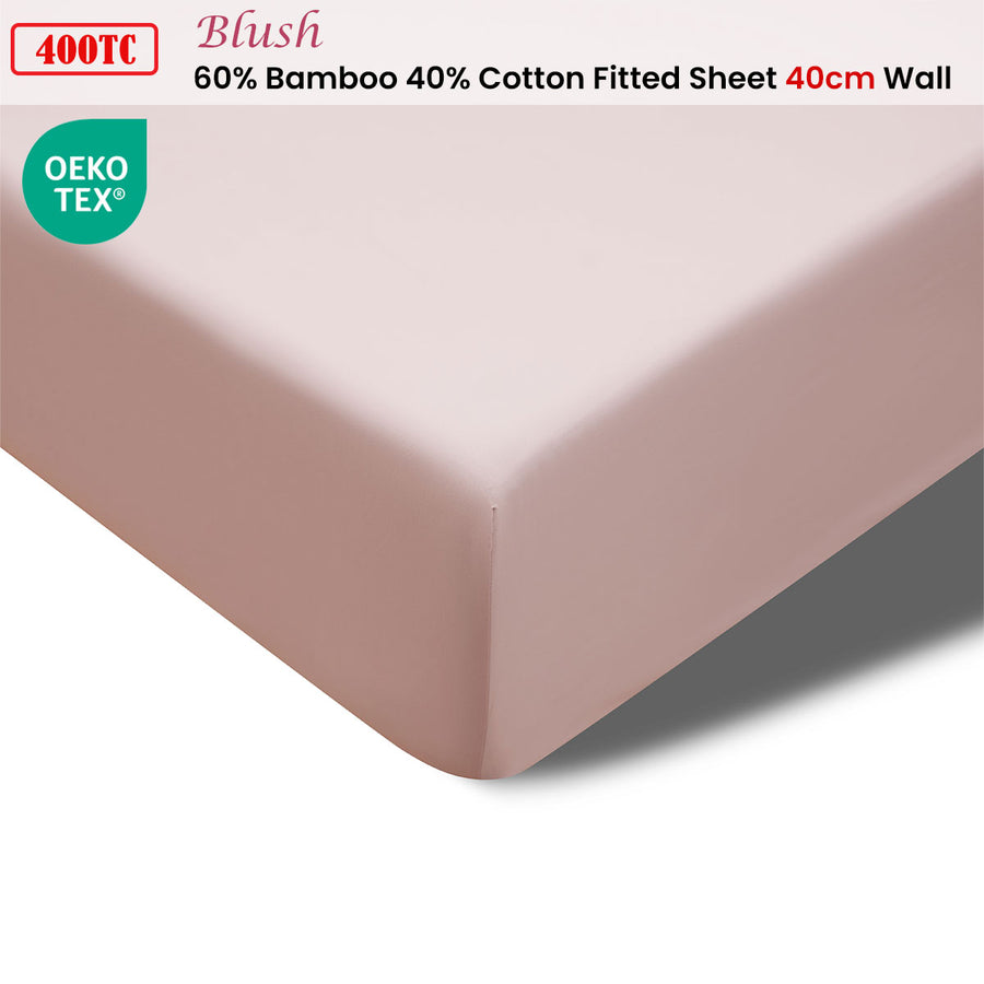 Accessorize 400TC Blush Bamboo Cotton Fitted Sheet 40cm Wall Queen - SuperSaverAU - view 1