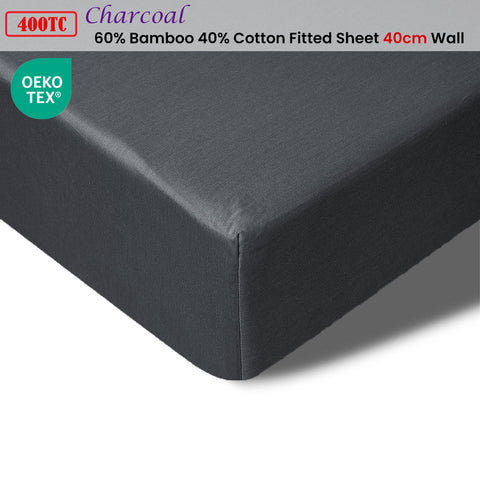 Accessorize 400TC Bamboo Cotton Fitted Sheet 40cm Wall - Charcoal King Single